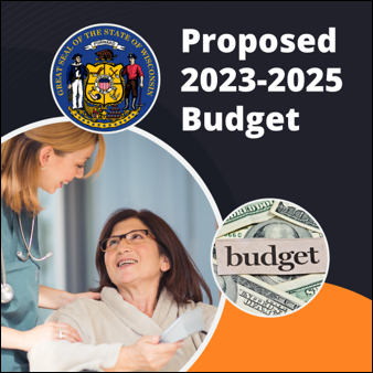 Proposed 2023-2025 Budget. Nurse assisting a smiling patient next to the Wisconsin state seal and the word 'budget'
										